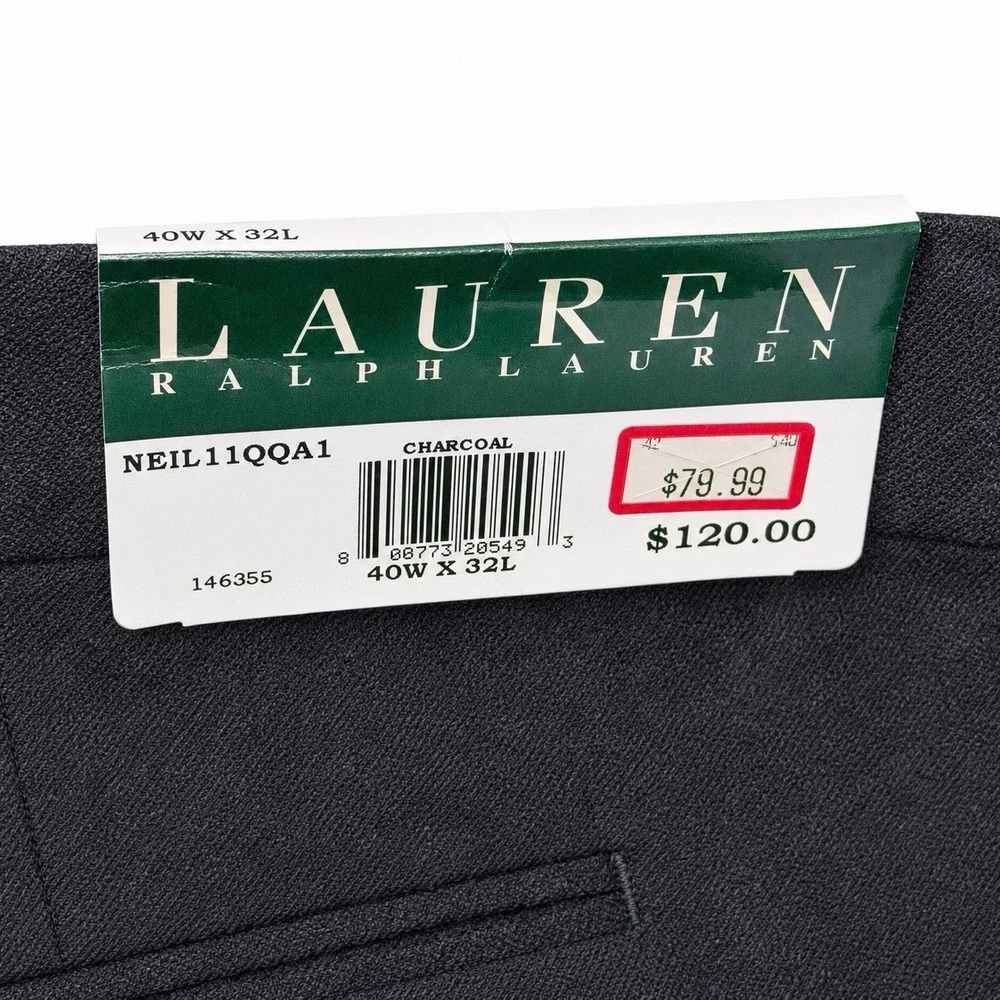 NWT Lauren Ralph Lauren Neil Wool Dress Pants Mens 40x32 Charcoal Pleated Cuffed